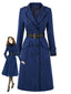 Trench bleu foncé à double boutonnage ceinture et détails contrastants années 1950