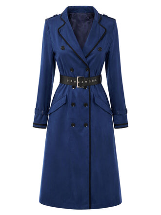 Trench bleu foncé à double boutonnage, ceinture et détails contrastants années 1950 - 2