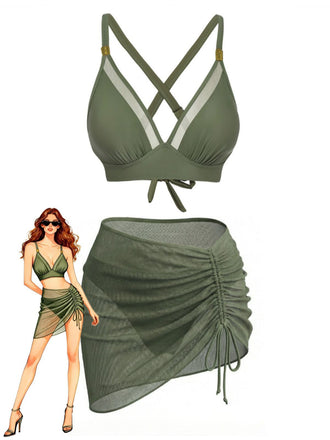 Devant : Ensemble bikini 3 pièces années 1950 à boutons en métal massif, charme vintage, parfait pour les passionnées de mode vintage