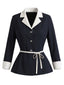 [Prévente] Veste Blazer Bleu Foncé à Revers Contrastés et Ceinture Années 1960