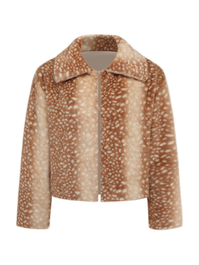 Veste courte marron en fausse fourrure à imprimé cerfs Années 1950 - 1
