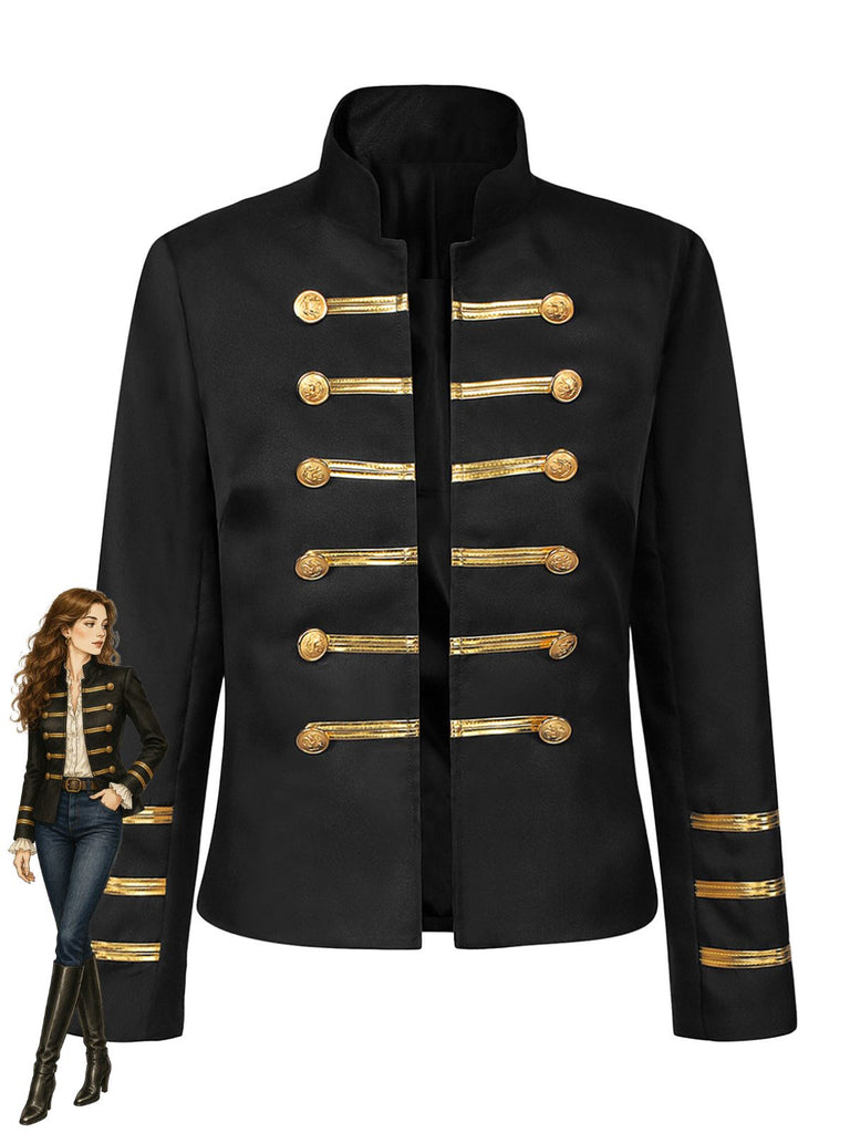 Veste militaire noire à col montant, boutons et galon doré années 1960 - 1