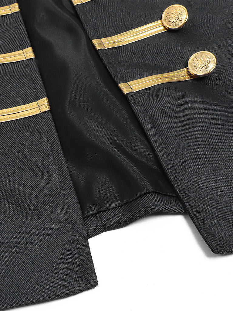 Veste militaire noire à col montant, boutons et galon doré années 1960 - 7