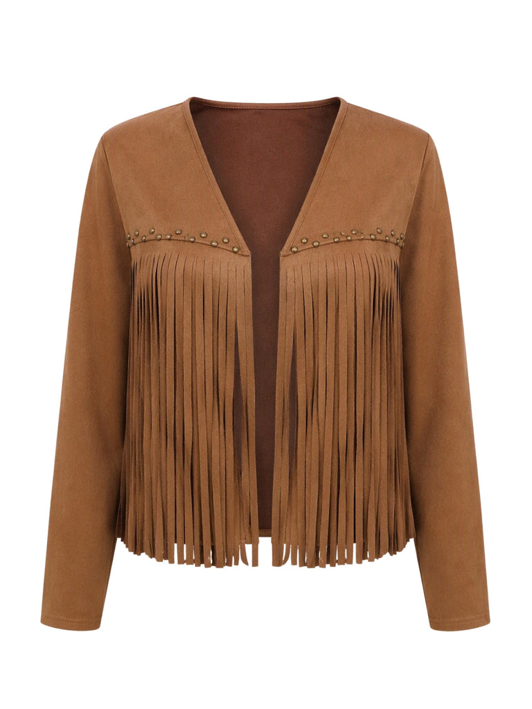 Veste western marron en suédine à clous et franges années 1970 - 1
