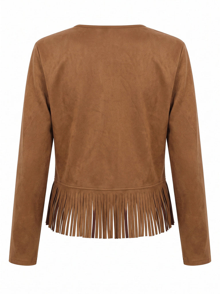 Veste western marron en suédine à clous et franges années 1970 - 2
