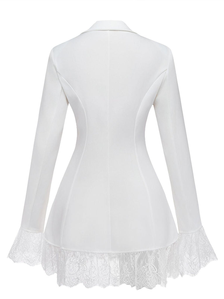 Rear view of the white blazer dress showcasing the fitted waistline and high-back tailored design.