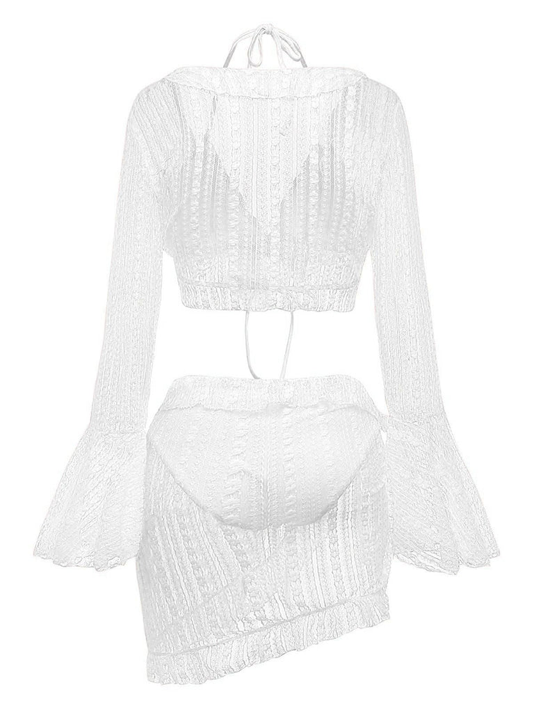 The 3-piece lace swimwear set shown in crisp white, perfect for a boho beach look.
