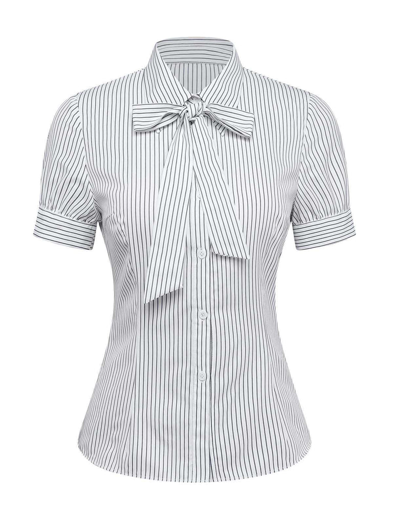 A white short-sleeve button-down blouse with grey vertical pinstripes and a built-in bow tie at the neckline.