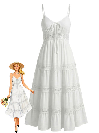 Blanc Bretelles Fines Bohème Dentelle à Volants Étagés Robe Années 1970