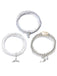 Three white beaded bracelets with silver charms on a white background