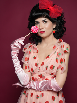 Robe trapèze rose fraise années 1950 en maille Chic