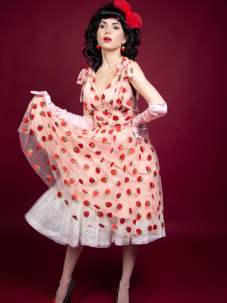 Robe trapèze rose fraise années 1950 en maille Chic