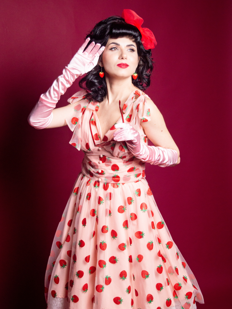 Robe trapèze rose fraise années 1950 en maille Chic