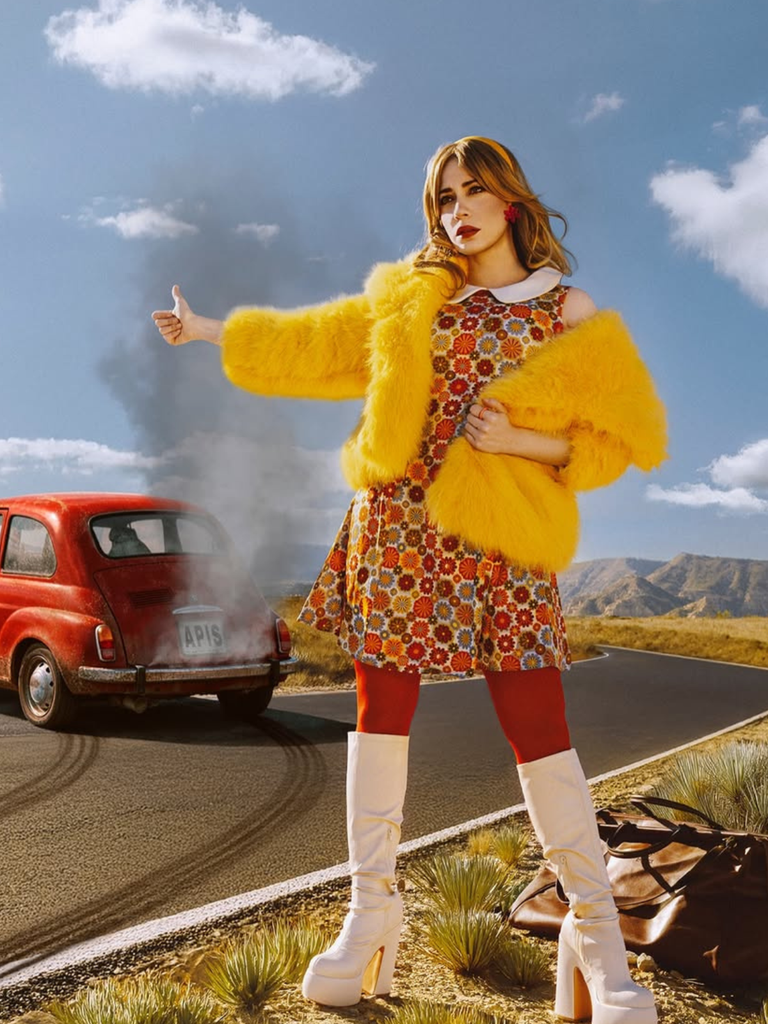 Robe orange col claudine marguerite des années 1960