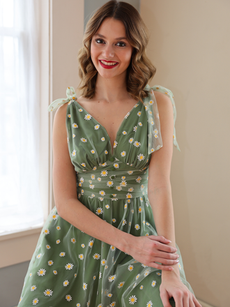 Robe trapèze verte en maille marguerite des années 1950