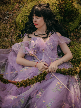 [Prévente] Robe fendue violette tulle fleurs 1970s