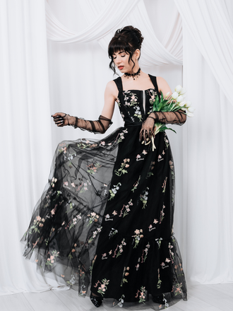 Robe maille florale lacets baleines noire 1930s