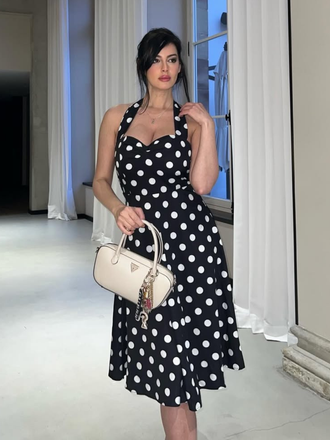 [Prévente] Robe ceinturée à pois contrastés dos nu noir des années 1950