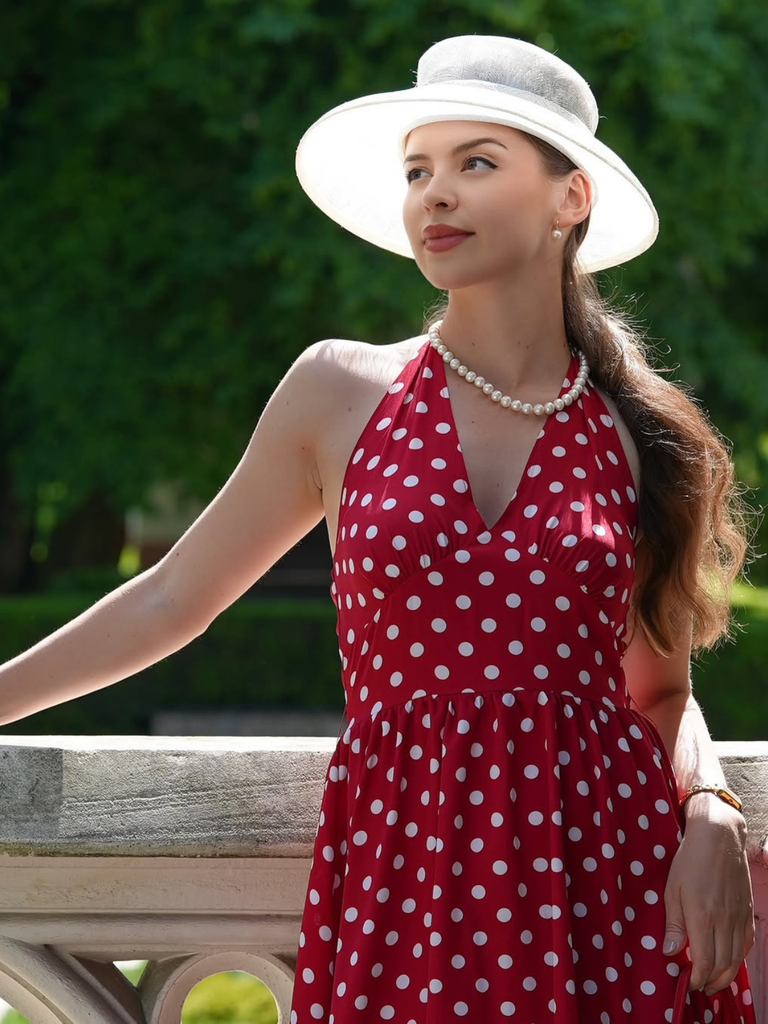 Robe dos nu rouge à pois des années 1950 Cocktail