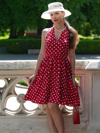 Robe dos nu rouge à pois des années 1950 Cocktail