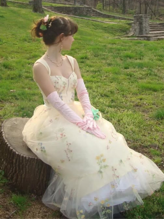 Robe en maille jaune florale à lacets et baleines 1930s