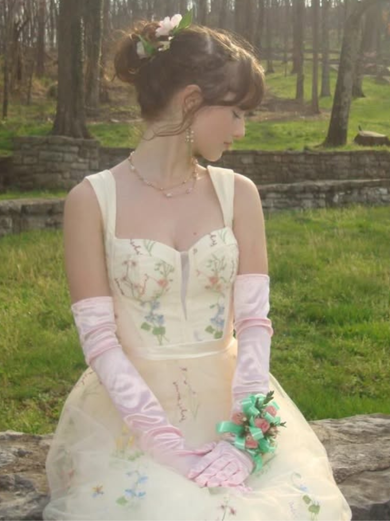 Robe en maille jaune florale à lacets et baleines 1930s