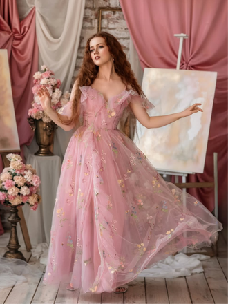 [Prévente] Robe fendue tulle fleurs rose 1970s