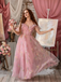 Robe fendue tulle fleurs rose 1970s