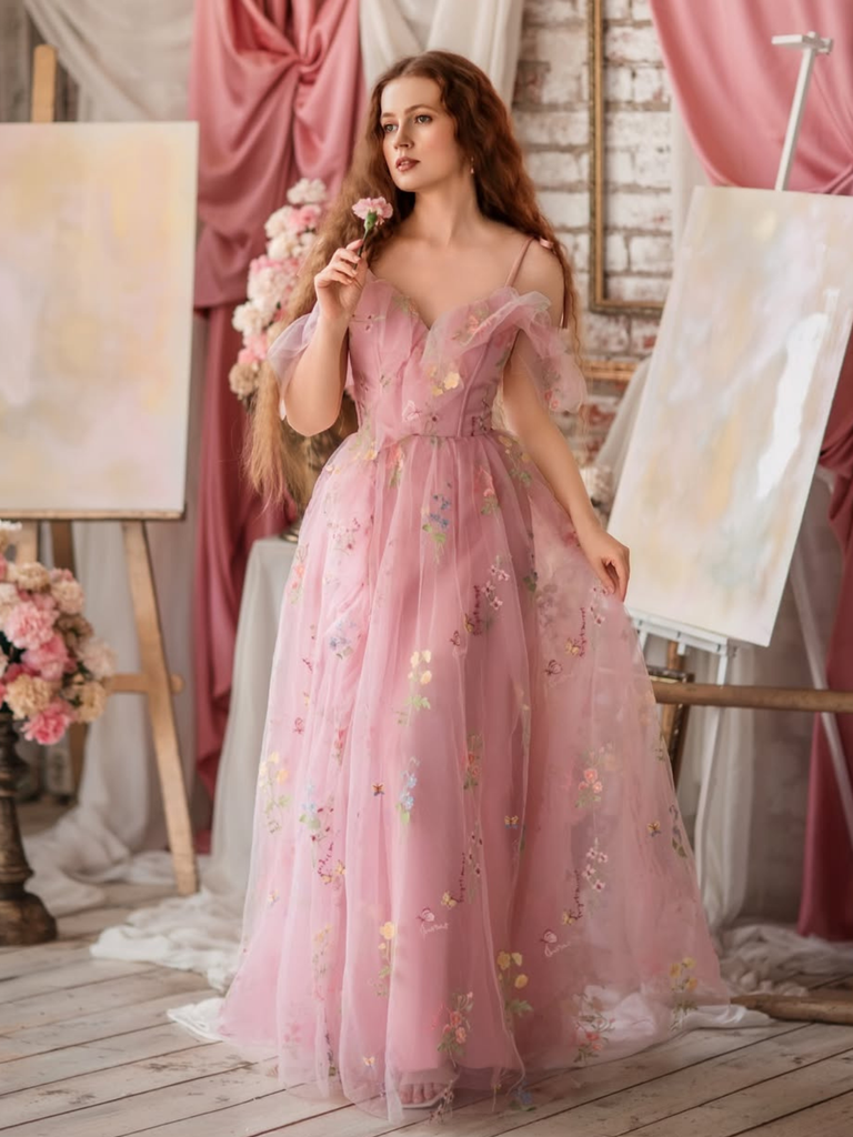 Robe fendue tulle fleurs rose 1970s