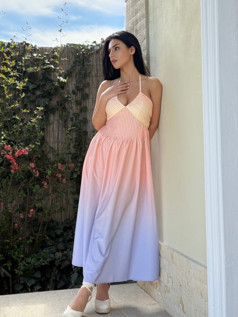 Robe dos nu à décolleté plongeant en V ombré années 1940