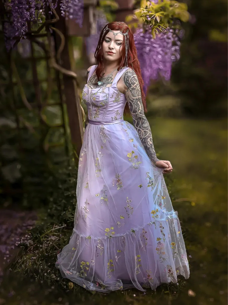 Robe en maille florale à lacets et baleines violette années 1930