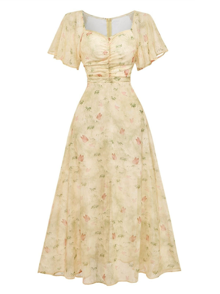 Sunny yellow 1930s butterfly print chiffon dress featuring romantic flutter sleeves and square neckline for vintage themed events and tea parties