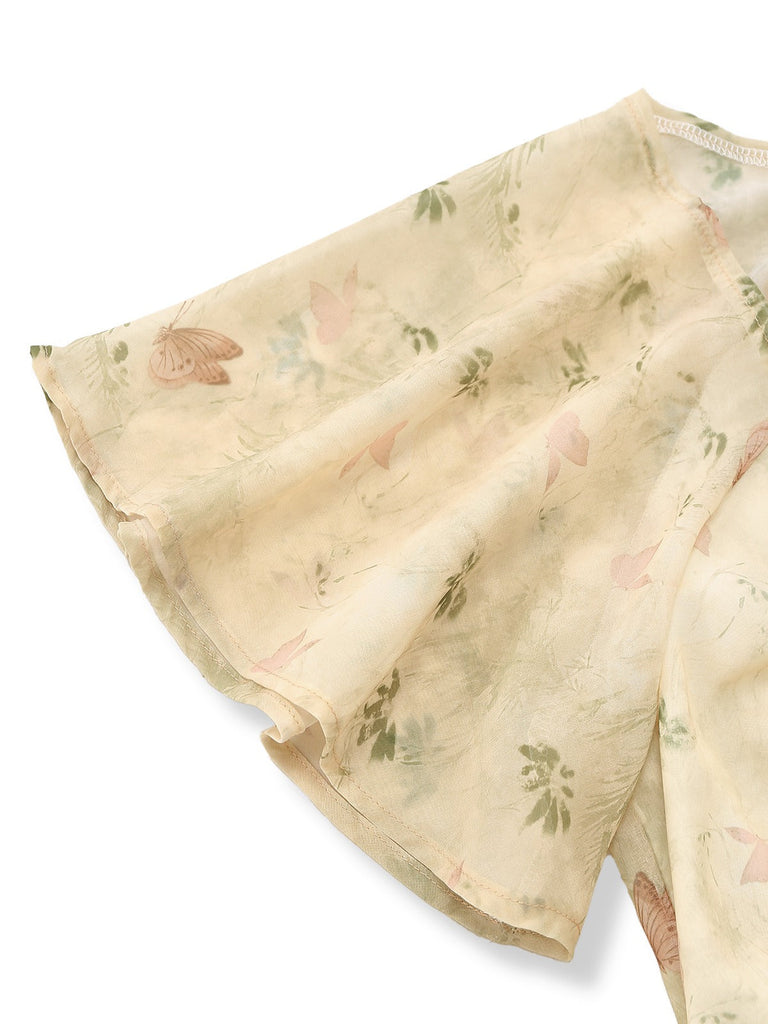 Yellow 1930s Butterfly Flutter Sleeve Chiffon Dress-sleeve-closeup