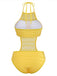 Back view of the yellow geometric lace monokini highlighting the halter tie closure and full-coverage bottom.