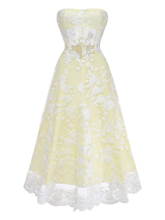 Full front-facing view of the yellow strapless lace dress against a plain white background.