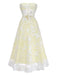 Full front-facing view of the yellow strapless lace dress against a plain white background.