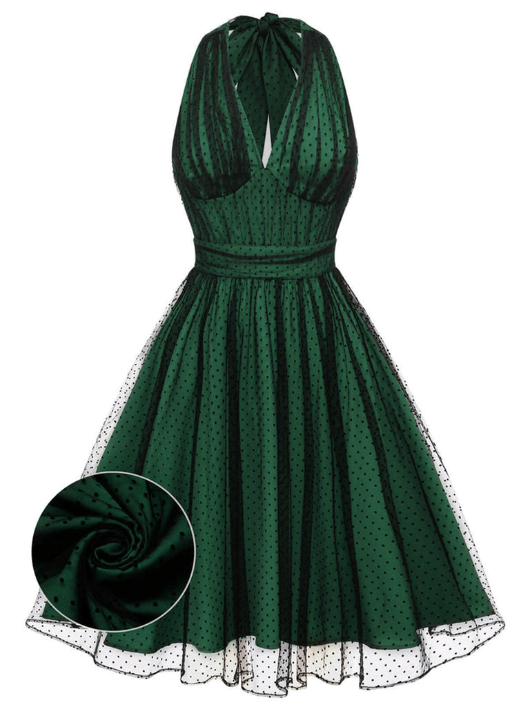 Robe en maille à pois dos nu de Noël verte des années 1950