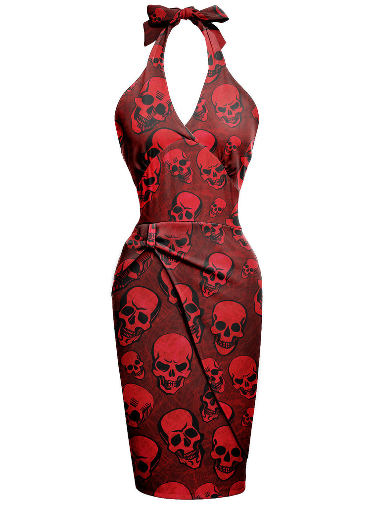 Robe dos nu Halloween crâne rouge foncé des années 1960