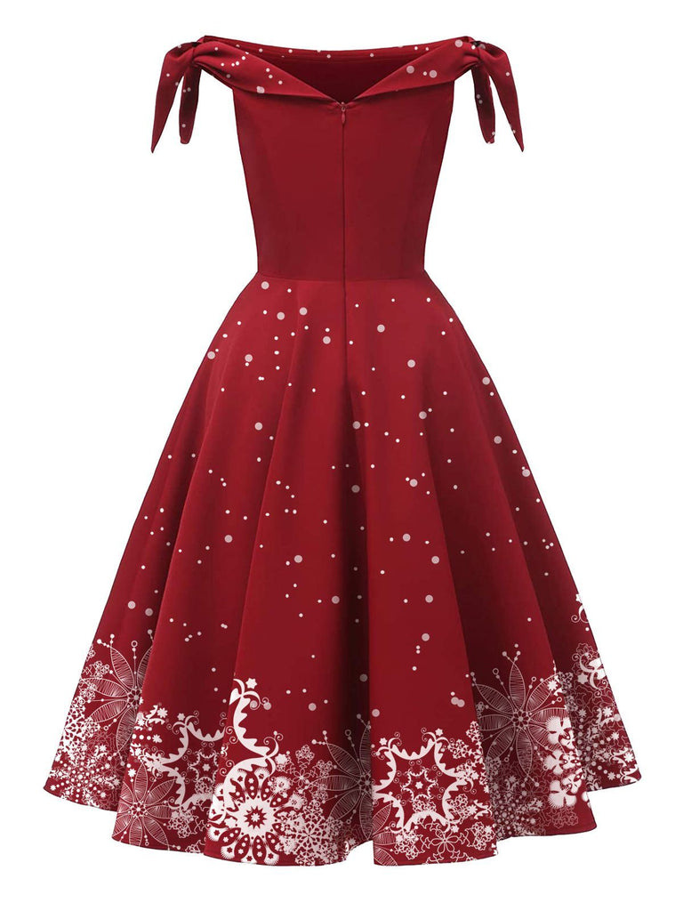 Robe Épaules Dénudées Flocon Neige Rouge Années 1950