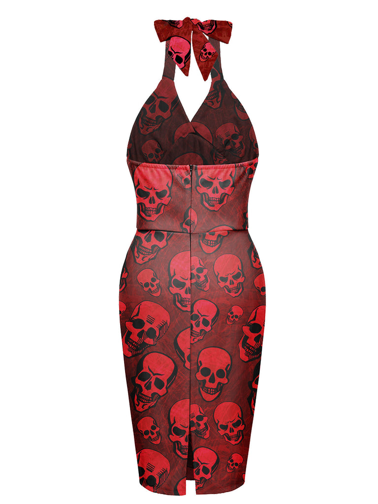 Robe dos nu Halloween crâne rouge foncé des années 1960