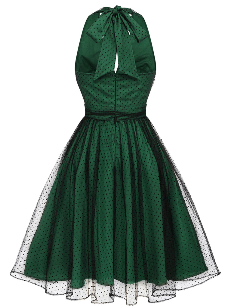 Robe en maille à pois dos nu de Noël verte des années 1950