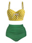 Ensemble de Bikini Plissé Jaune-Vert à Pois Contrastants