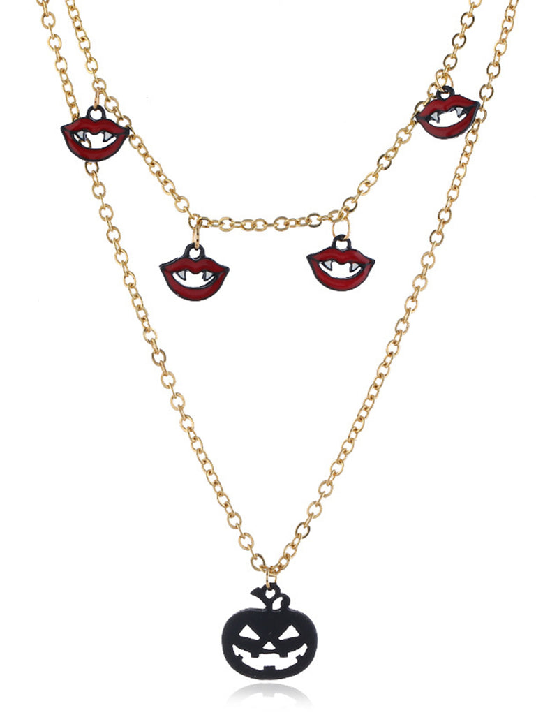 Collier Chaîne Double Rang Citrouille Bouches Toussaint Halloween