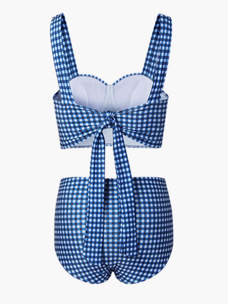 Ensemble de Bikini à Bretelles Rétro à Carreaux Bleu