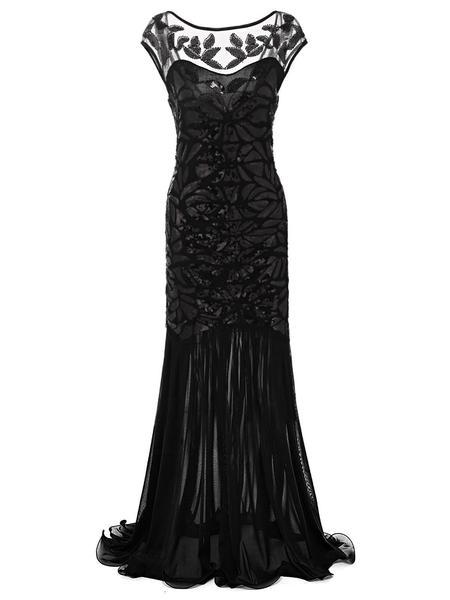 Robe Charleston Vintage Flapper Année 20 Gatsby Maxi à Paillettes Noire Soirée