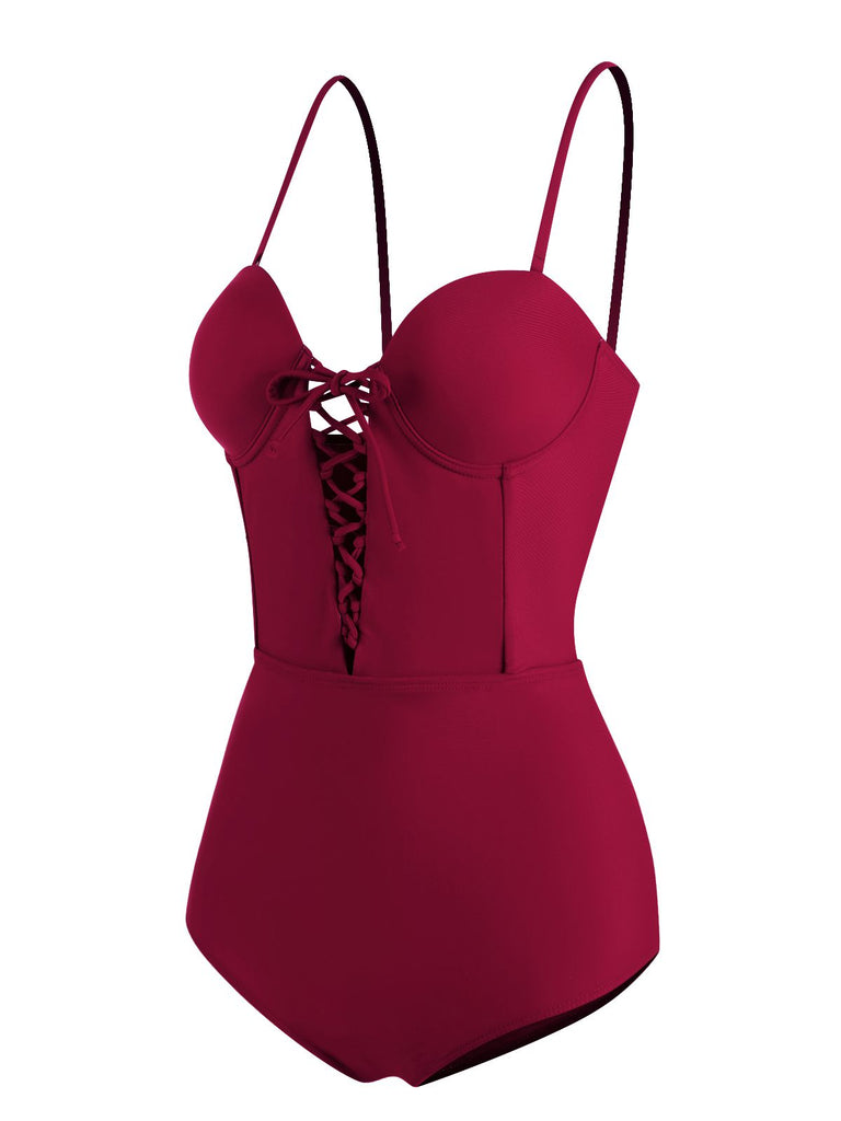 Maillot de bain une pièce à bretelles spaghetti uni rouge vin