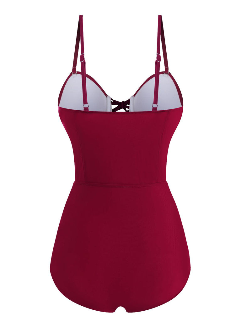 Maillot de bain une pièce à bretelles spaghetti uni rouge vin