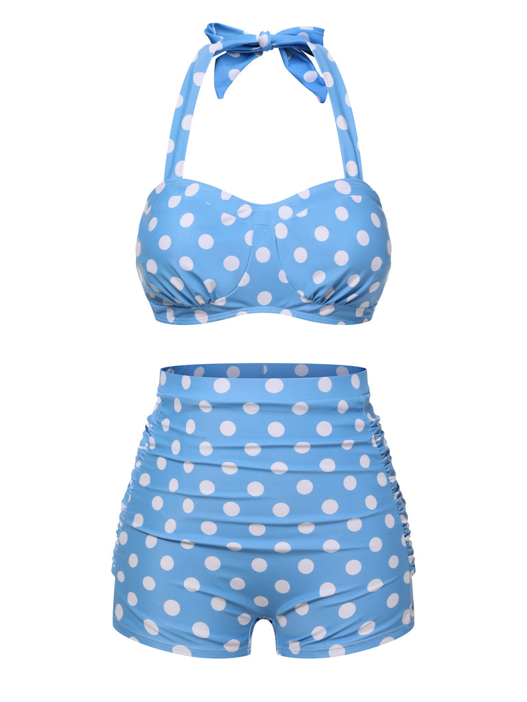 Ensemble de bikini dos nu bleu à pois années 1950