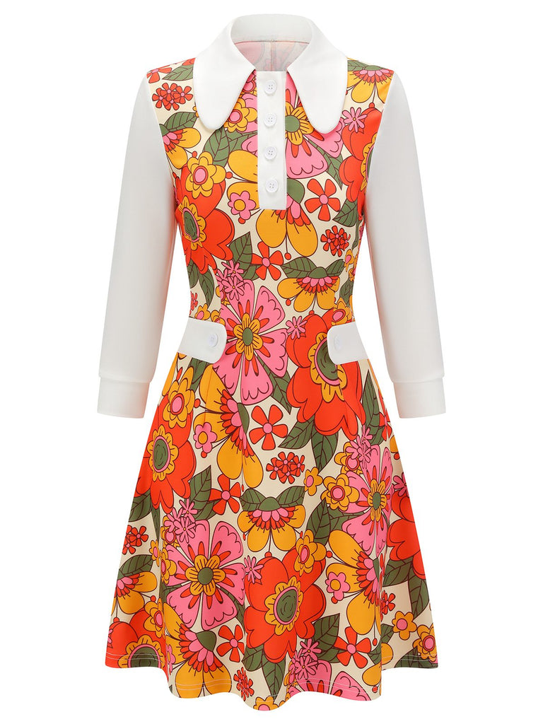 Robe patchwork de fleurs à revers orange des années 1960