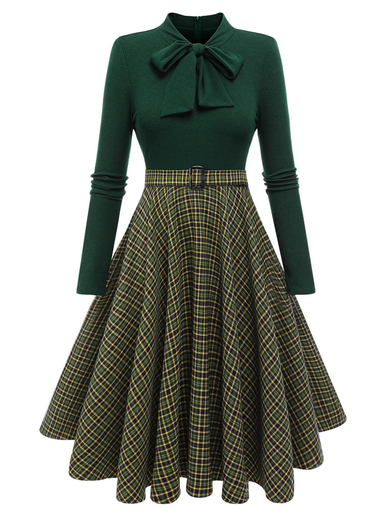 Robe en tricot à carreaux vert foncé des années 1950 Cocktail Chic